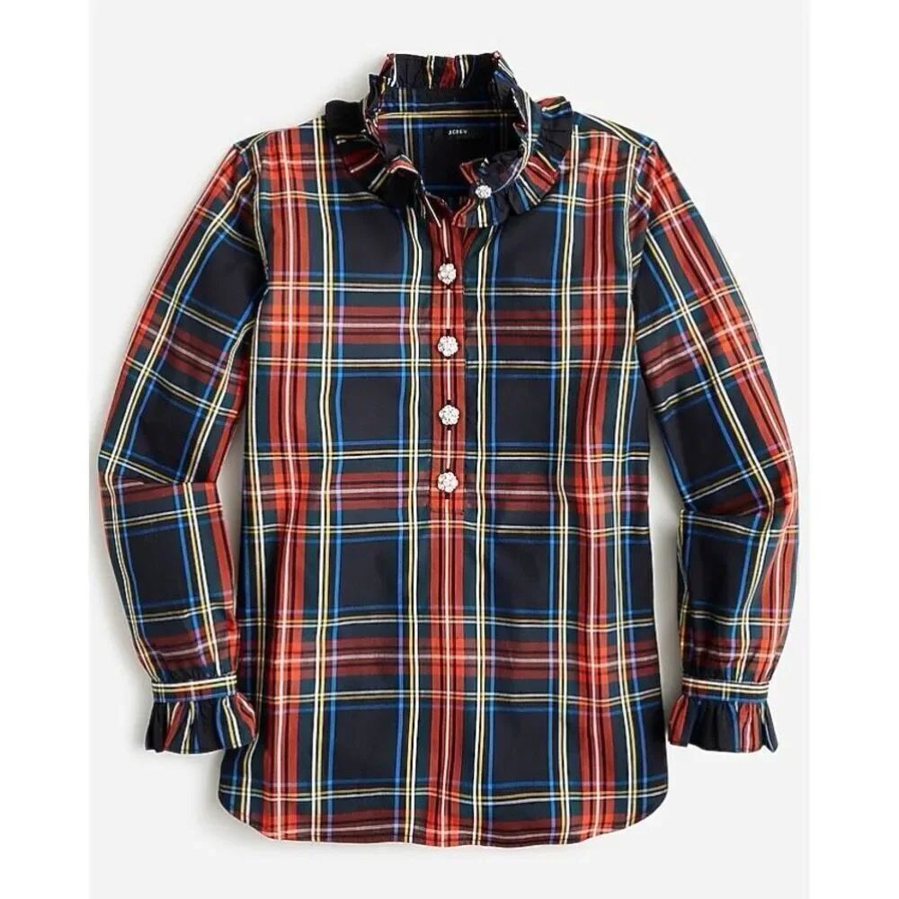 J.Crew Classic-Fit Ruffleneck Jewel-Button Popover Tartan
